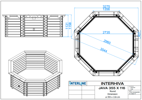 Interline Java Houten Zwembad rond 3.55 m. doorsnede