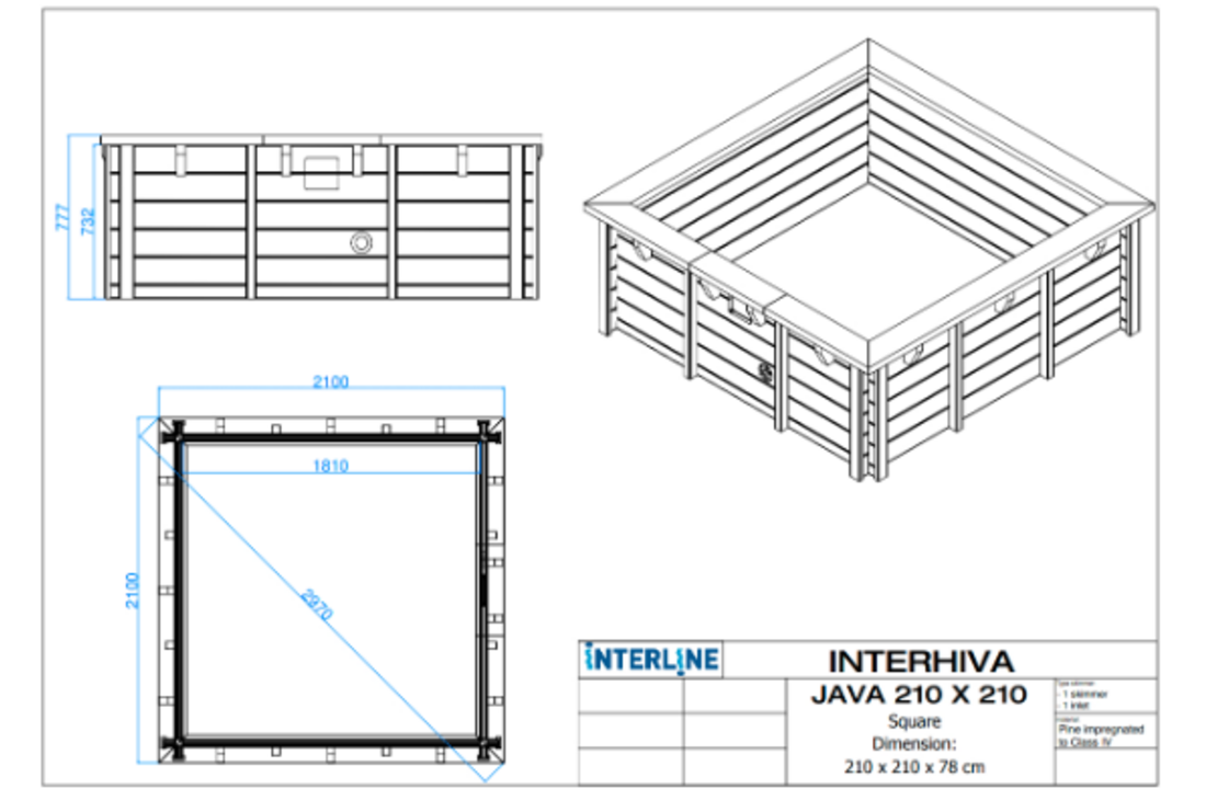 Interline Java Houten Zwembad vierkant 2,10 x 2,10 meter 