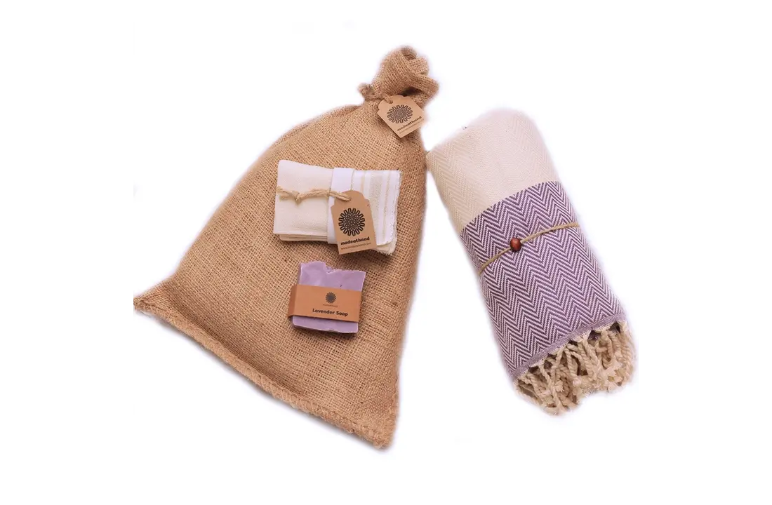 Hammam Sauna Handdoek Cadeauset Visgraat Paars