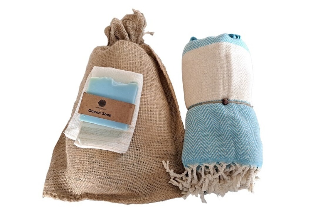 Hammam Sauna Handdoek Cadeauset Visgraat Blauw