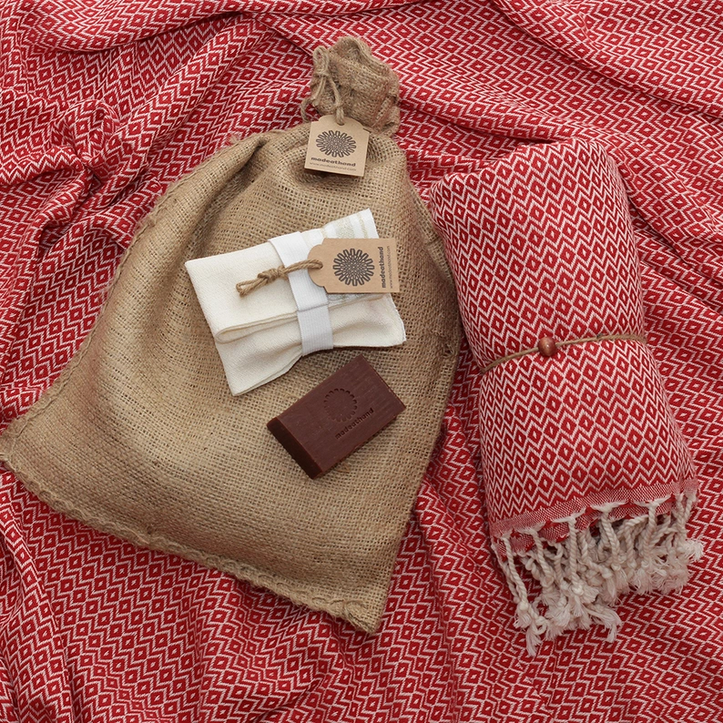 Hammam Sauna Handdoek Cadeauset Kristal Rood