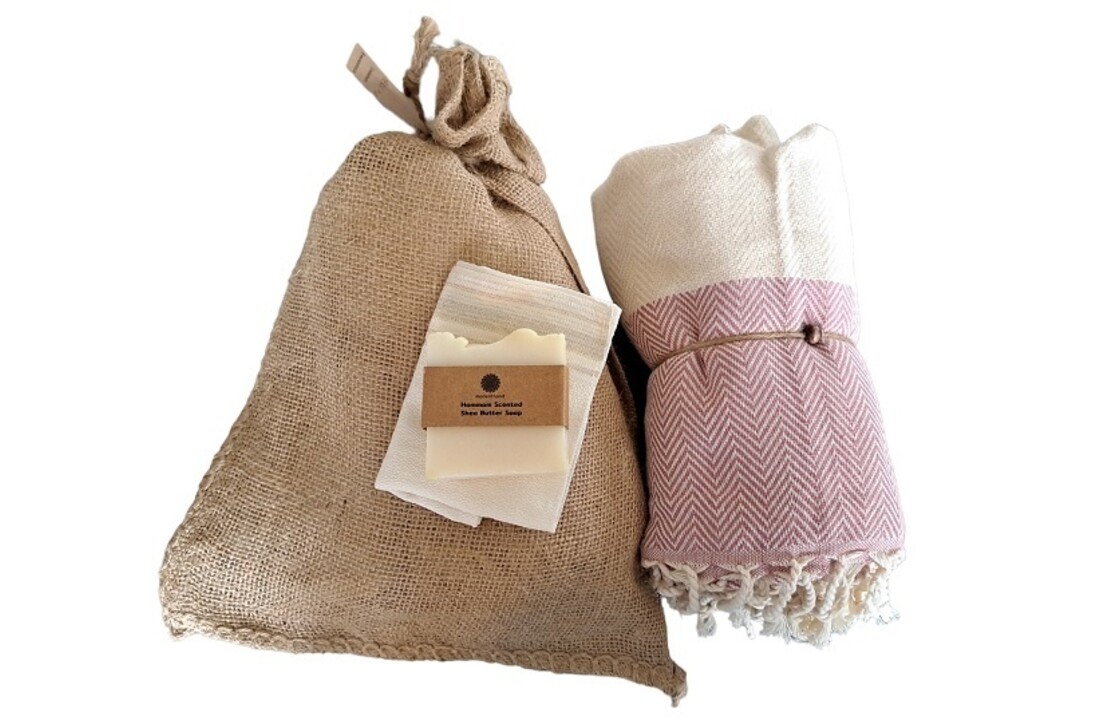 Hammam Sauna Handdoek Cadeauset Visgraat Pink
