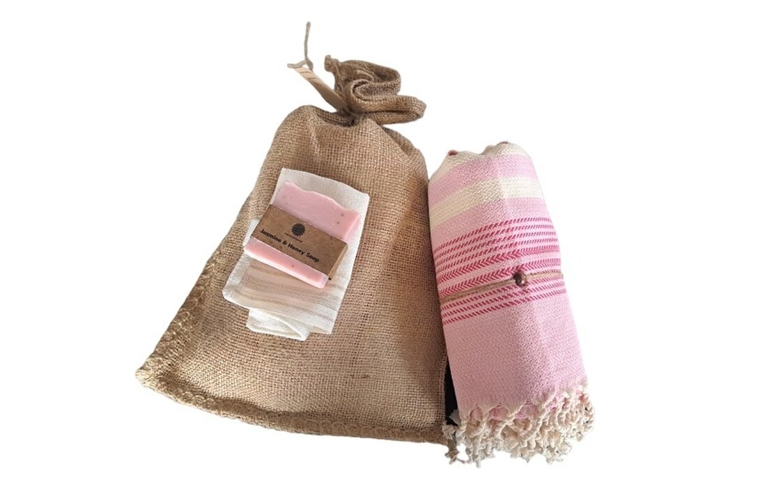 Hammam Sauna Handdoek Cadeauset Gestreept Roze
