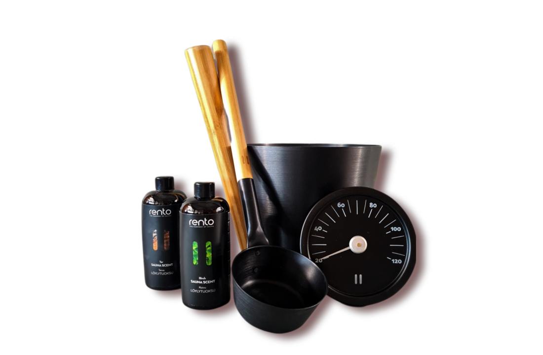 Cadeau set  Sauna emmer zwart bamboe thermometer