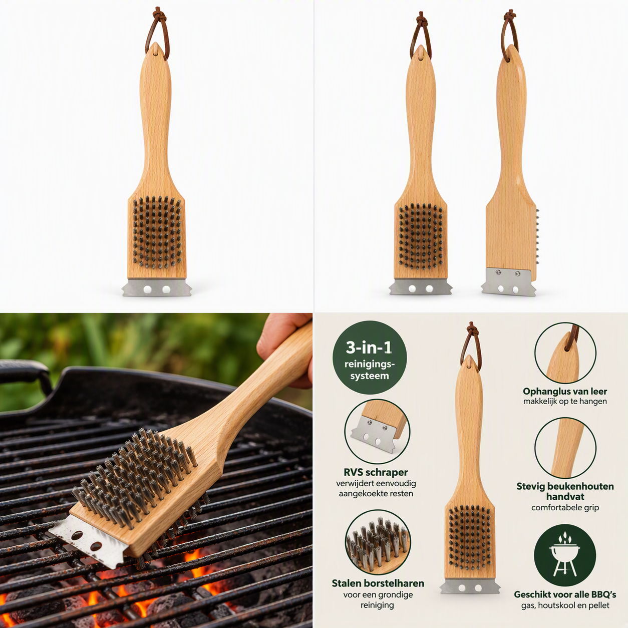 BBQ Borstel 3-in-1 - Voor Grondige Reiniging van BBQ Roosters