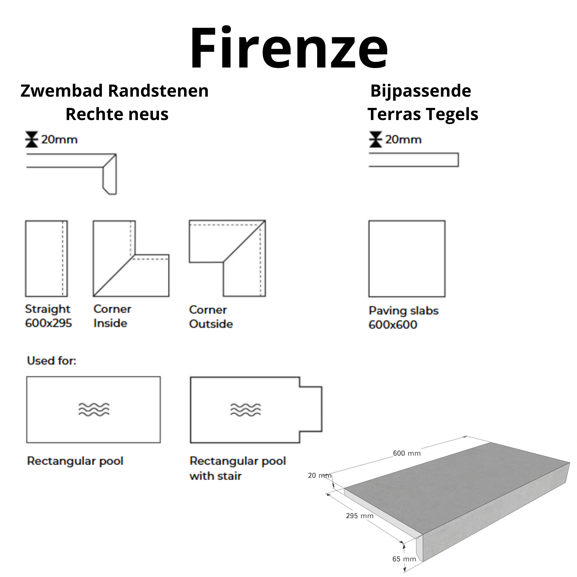 Ceramica - Firenze - Keramische zwembad randtegel - Rechte neus | Diverse soorten