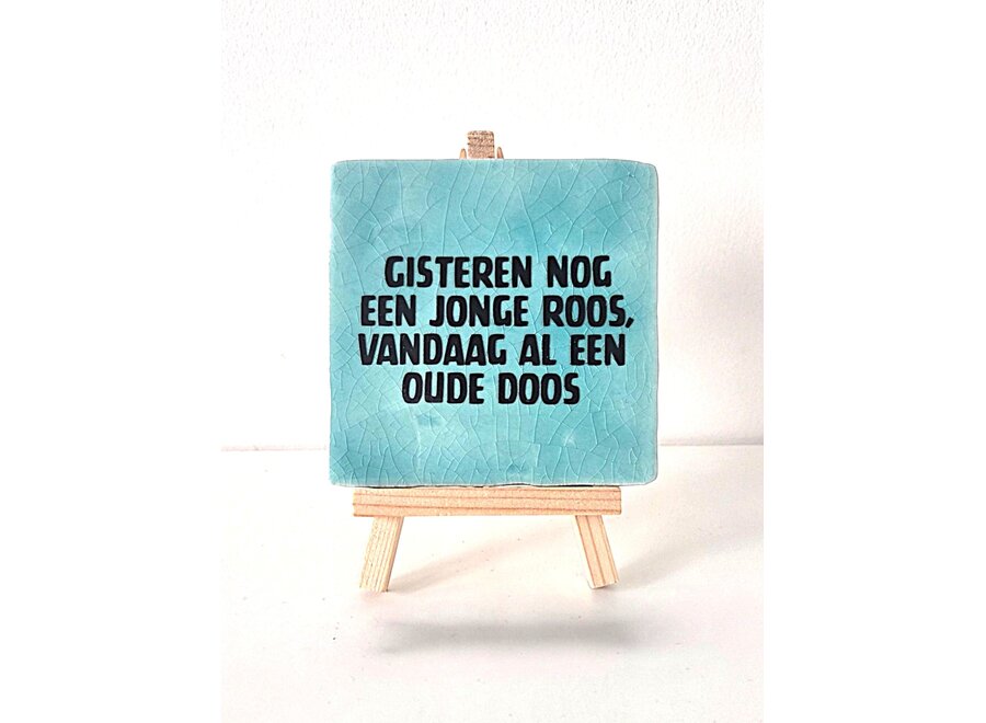 Tegel "gister nog een jonge roos, vandaag al een oude doos" – handgemaakt 10x10 cm