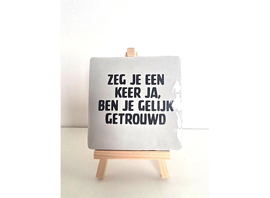 Tegel "zeg je een keer ja, ben je gelijk getrouwd" – handgemaakt 10x10 cm