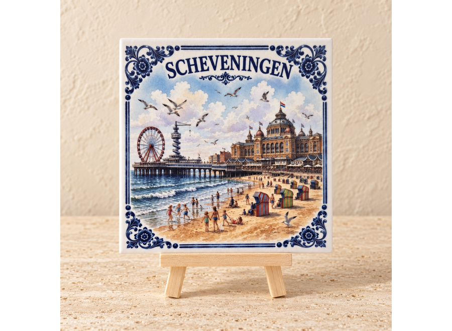 Scheveningen op een tegel | Delfts blauw strand- & stadstegeltje