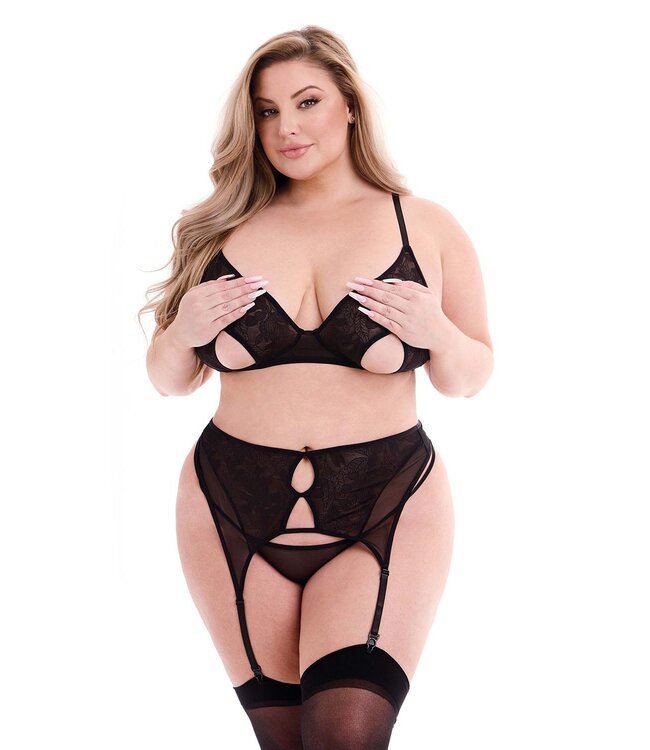 Baci Lingerie BACI 3 PCS ECO PEEK-A-BOO BRA, GARTER & PANTY SET BLACK, QS