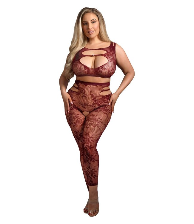 Fantasy Lingerie UNDIVIDED ATTENTION CUT-OUT TOP & CROTCHLESS TIGHTS BURGUNDY, QS