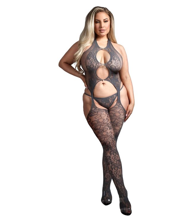 Fantasy Lingerie WORTH THE WAIT FISHNET BODYSTOCKING & G-STRING PANTY GREY, QS