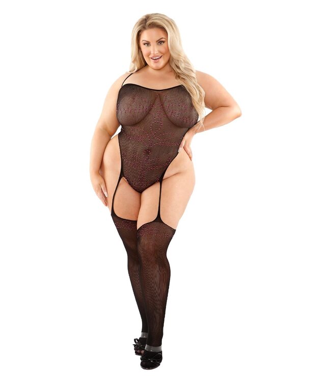 Fantasy Lingerie ROYAL TREATMENT GARTERED TEDDY BODYSTOCKING BLACK, QS