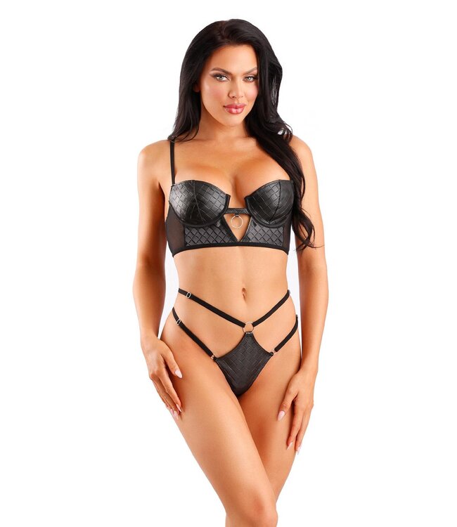 Fantasy Lingerie WETLOOK LONGLINE UNDERWIRE BRA & G-STRING PANTY BLACK, L/XL