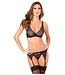 Rene Rofe Lingerie 3PC LUX LACE LUREX GARTER & THONG SET BLACK, S/M