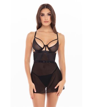 Rene Rofe Lingerie 2PC BONDAGE STRAPPING CHEMISE SET BLACK, M/L
