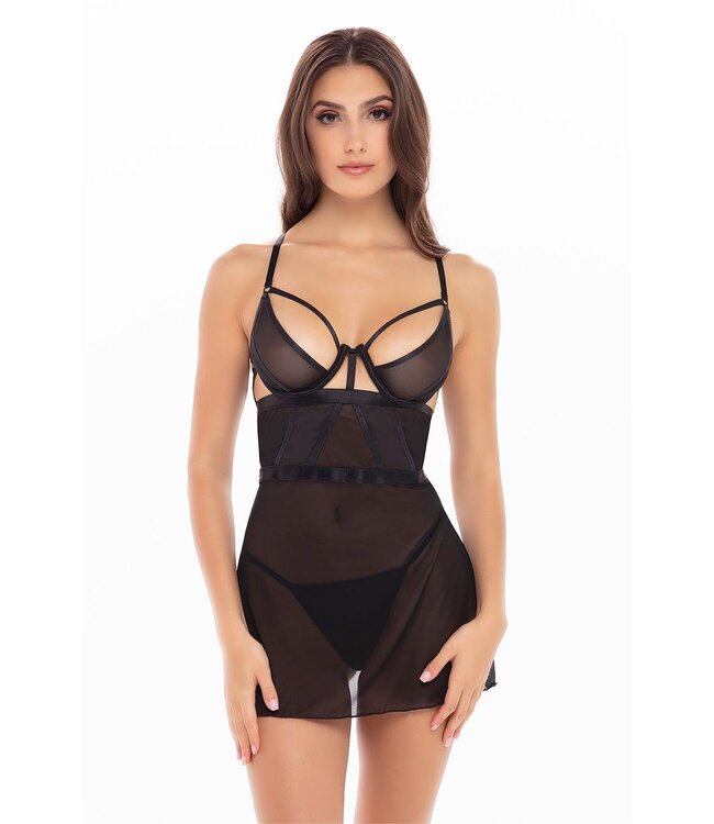 Rene Rofe Lingerie 2PC BONDAGE STRAPPING CHEMISE SET BLACK, M/L