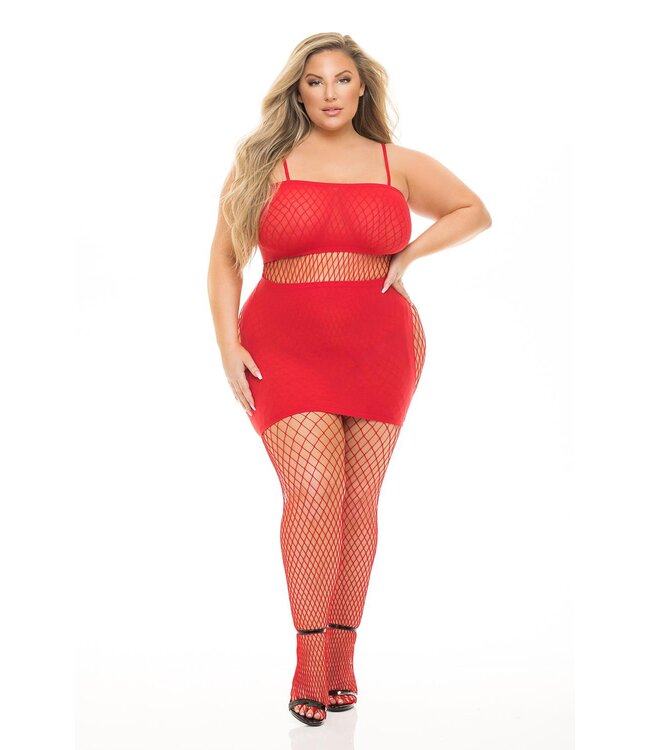 Pink Lipstick Lingerie SET THE TONE 3PC FISHNET SET RED, PLUS SIZE