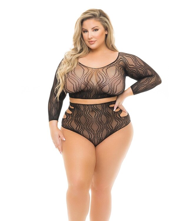 Pink Lipstick Lingerie BACK ME UP 2PC SHORT SET BLACK, PLUS SIZE