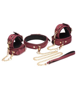 XR Brands Master Series - 6-delige BDSM Suede Boeienset Met Collar En Riem - Bordeaux