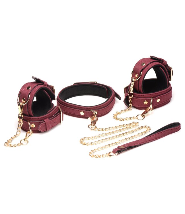 XR Brands Master Series - 6-delige BDSM Suede Boeienset Met Collar En Riem - Bordeaux
