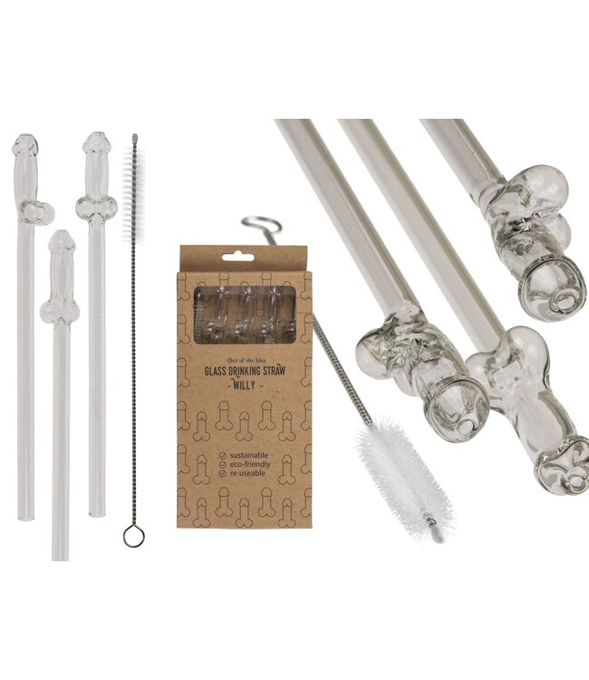 Out of the Blue Glazen Penisrietje met Reinigingsborstel Willy - 4 stuks