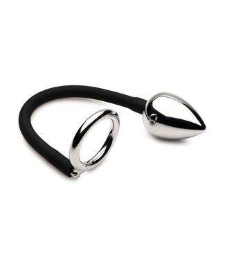 XR Brands Master Series - Tug + Plug Cock & Ball Ring met Anaalplug - Zwart&Zilver