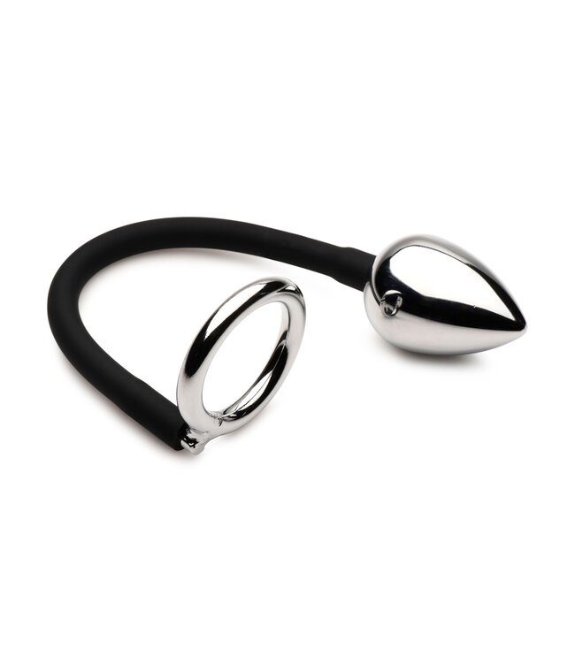 XR Brands Master Series - Tug + Plug Cock & Ball Ring met Anaalplug - Zwart&Zilver