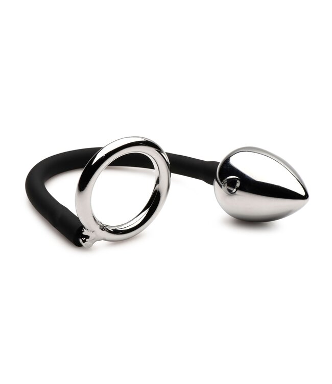 XR Brands Master Series - Tug + Plug Cock & Ball Ring met Anaalplug - Zwart&Zilver