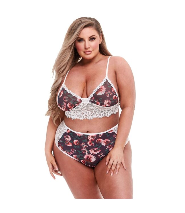 Baci Lingerie Baci – Grijs Bloemenprint & Kant BH-Set – White Label – Queen Size