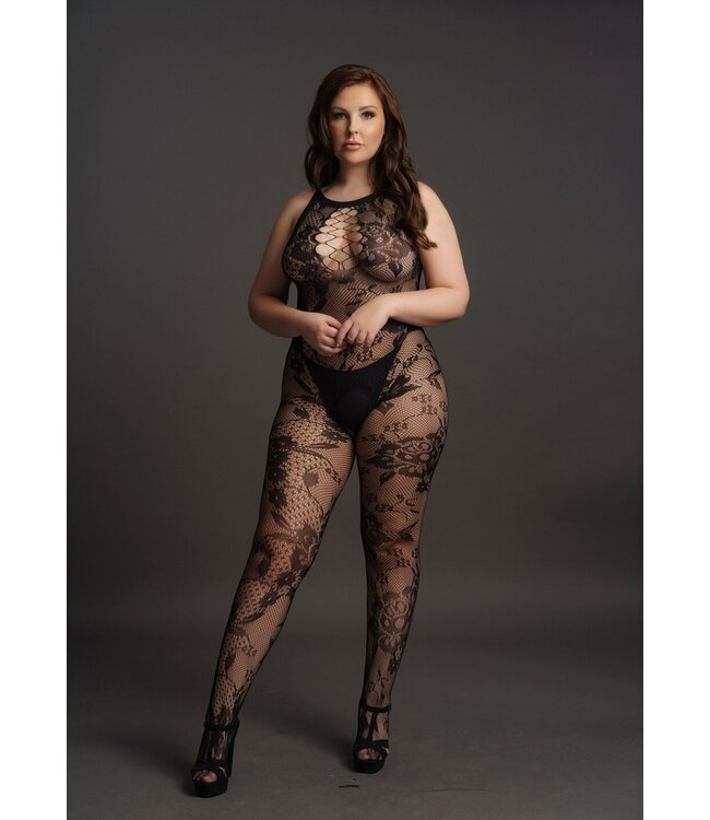 Le Desir Curvy Catsuit in kant optiek zwart