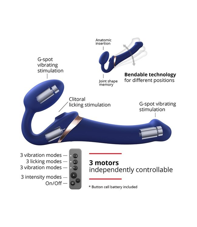 Rimba Strap-On-Me - Multi Orgasm - Strap-On Vibrator met Lik Stimulator Maat S - Blauw