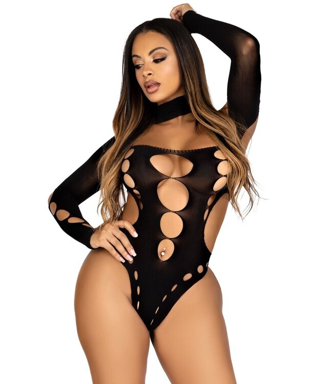 Leg Avenue Asymmetrische Bodysuit met Open Rug - Zwart