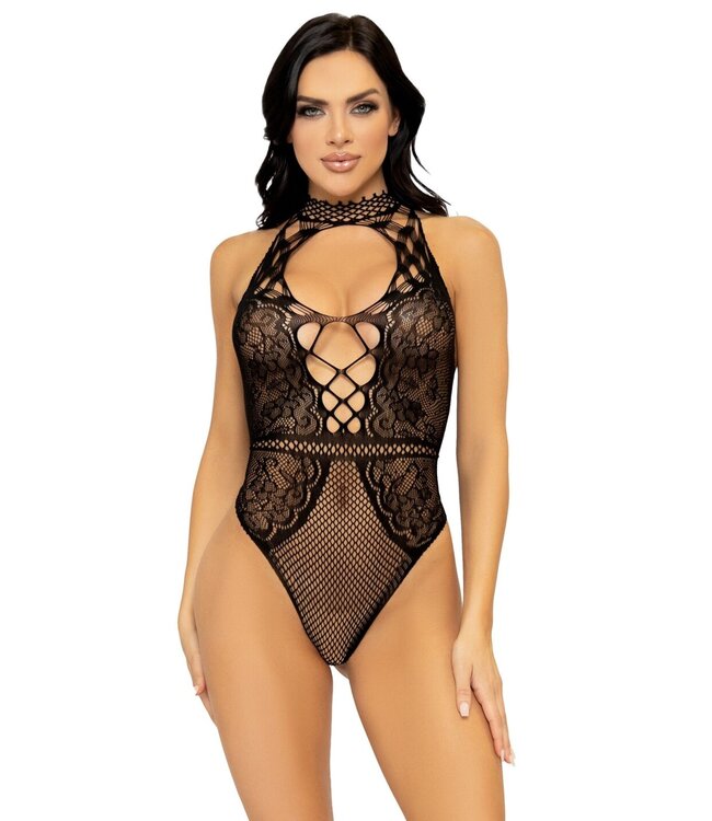 Leg Avenue Visnet Kanten Bodysuit - Zwart