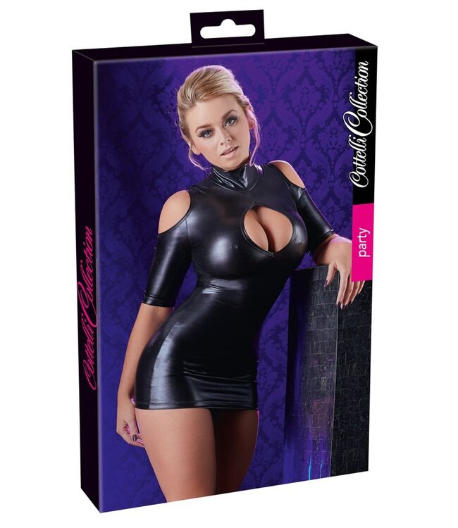 Cottelli Collection Cold Shoulder Wetlook Mini Jurkje - Zwart