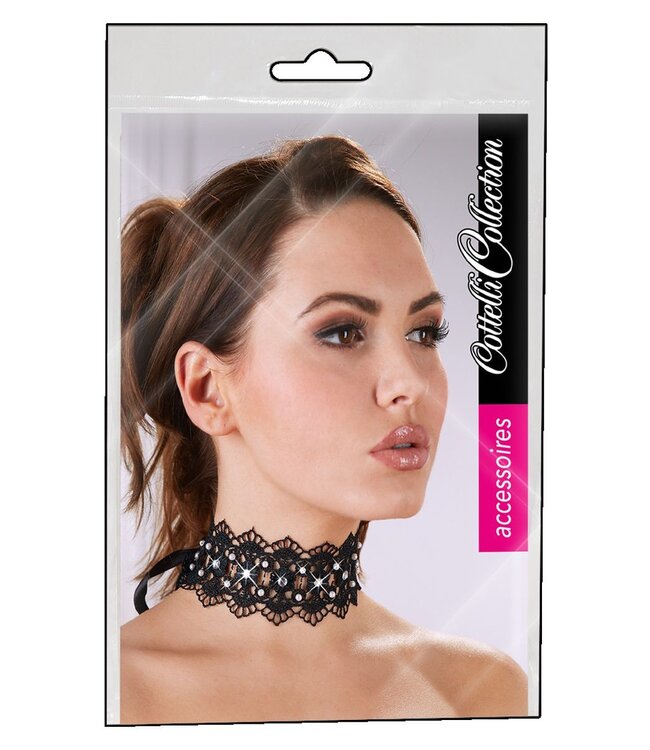 Cottelli Collection Zwarte geborduurde halsband met steentjes