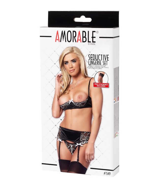 Rimba Amorable by Rimba - Open BH met String, Jarretelgordel en Kousen - Zwart / Wit