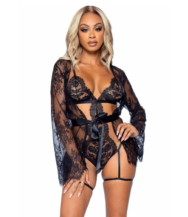 Leg Avenue Teddy, lace robe & ribbon tie