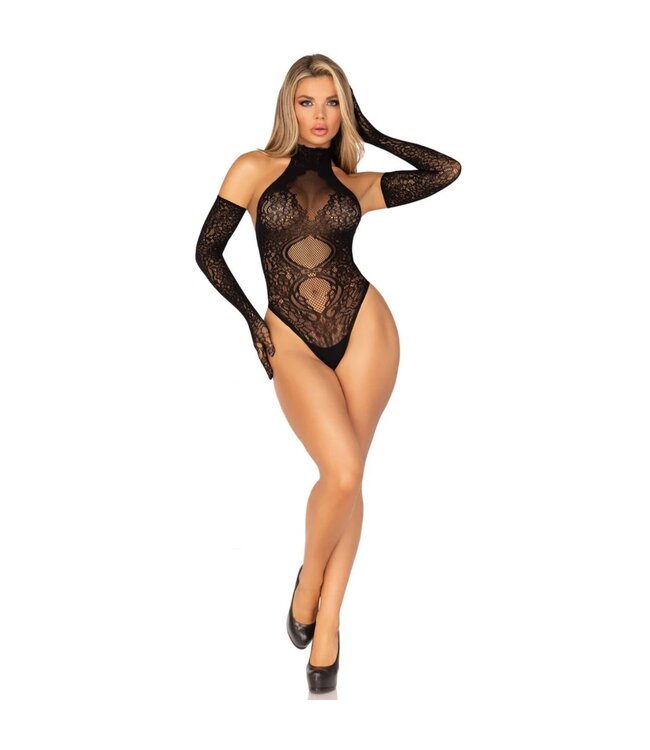 Leg Avenue Leg Avenue – Lace Halter Teddy & Gloves – Zwart