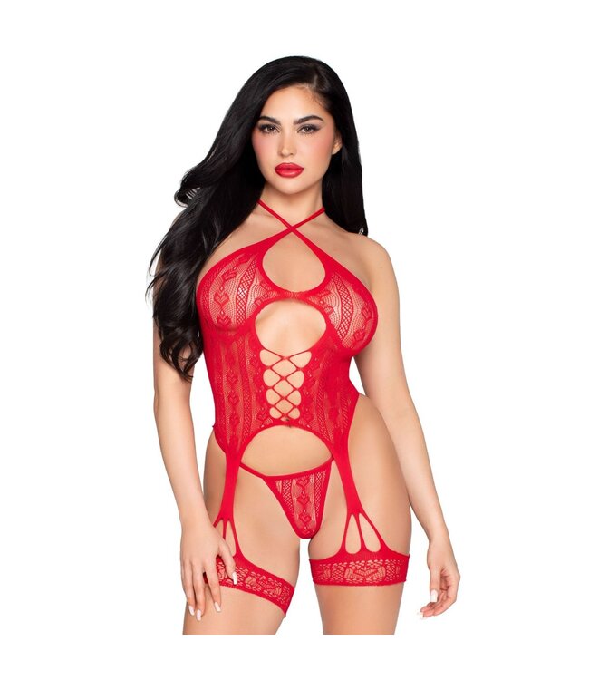 Leg Avenue Leg Avenue – Heart Net Cami Garter & String – Rood