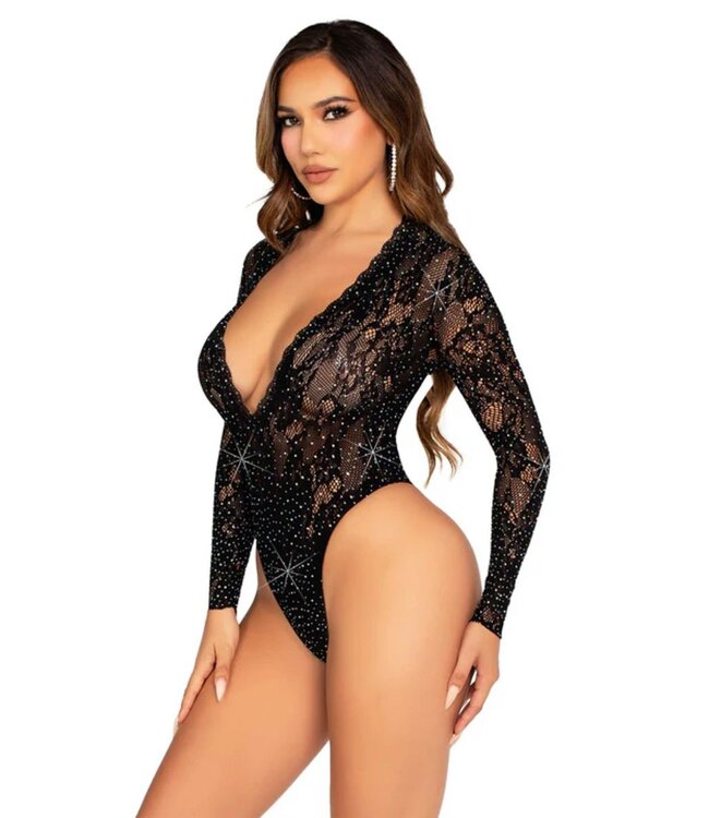 Leg Avenue Leg Avenue – Kant Bodysuit met Deep-V Hals – Zwart