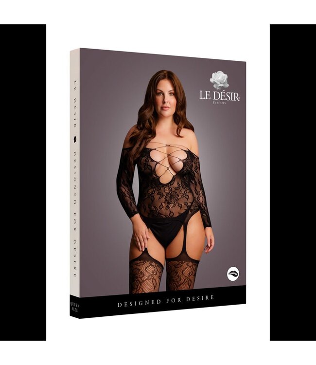 Le Desir Le Désir - Bodystocking met Kruisbanden en Jarretels Queen Size - Zwart