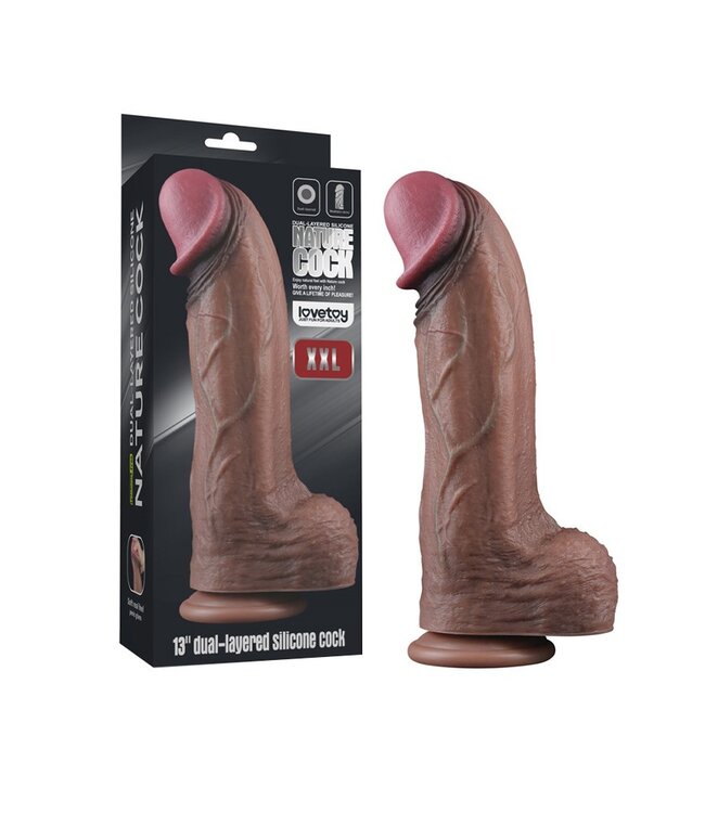 Rimba LoveToy - Dubbellaagse siliconen dildo XXL 33 cm (Ø7,6 cm) - Bruin