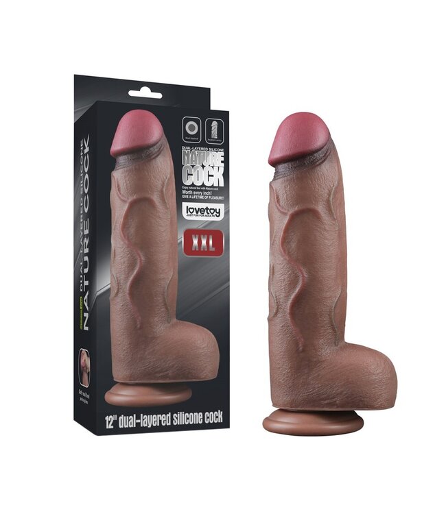Rimba LoveToy - Dubbellaagse siliconen dildo XXL 31 cm (Ø7.6 cm) - Bruin