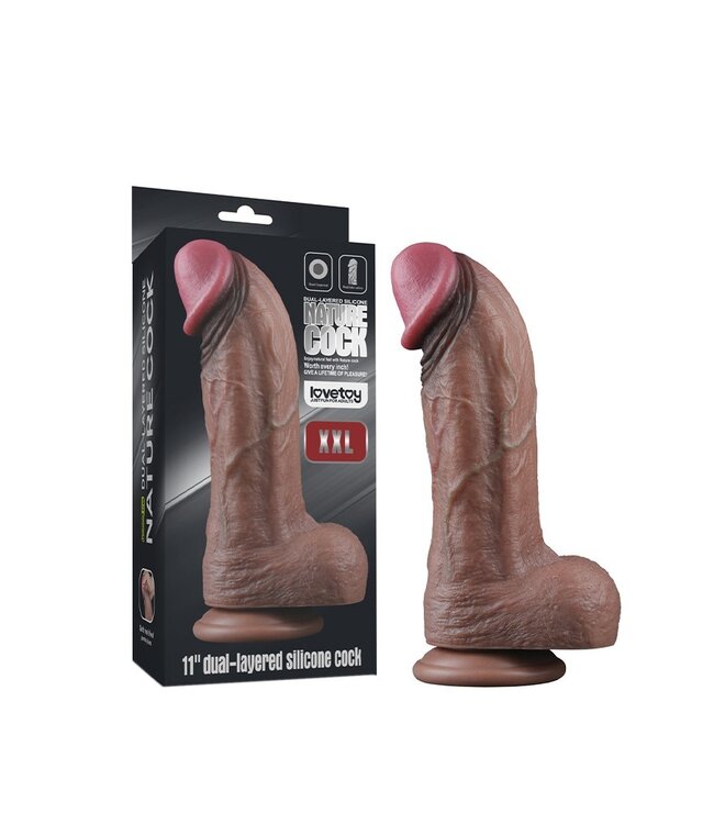 Rimba LoveToy - Dubbellaagse siliconen dildo XXL 28 cm (Ø7.4 cm) - Bruin