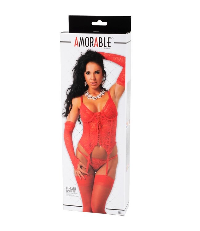 Rimba Amorable by Rimba - Corset met G-string, Handschoenen en Kousen - Rood