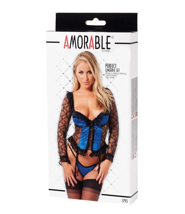 Rimba Amorable by Rimba - Korset met Beugels, G-string en Kousen - Zwart / Blauw