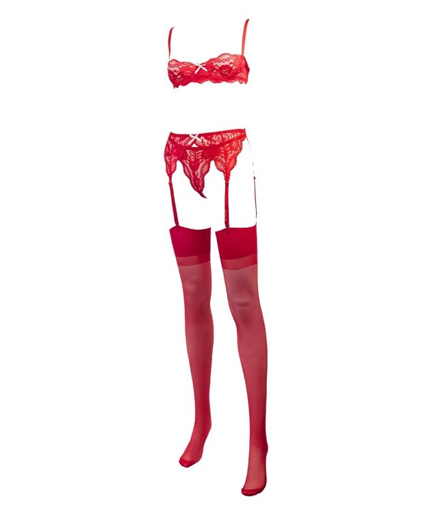 Rimba Amorable by Rimba - 1/2 Cup BH met G-string, Jarretels en Kousen - Rood