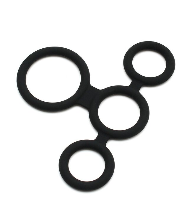 Rimba Rimba Latex Play - Quatro Cock Ring en Ball Splitter - Zwart