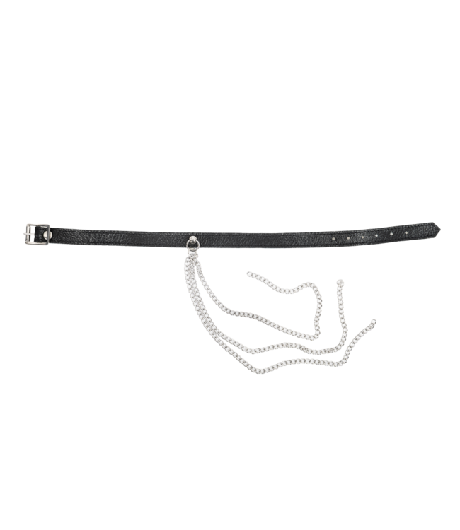 Rimba Rimba Bondage Play - Lederen Halsband met Metalen Kettingen - Zwart & Zilver